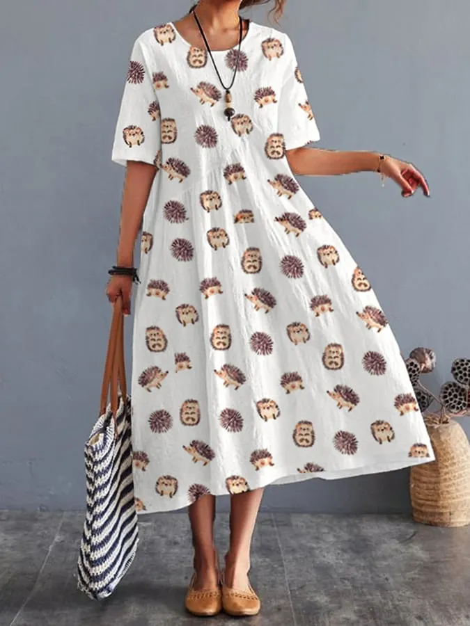 Ladies Casual With Hedgehog Pattern Design Loose Dress