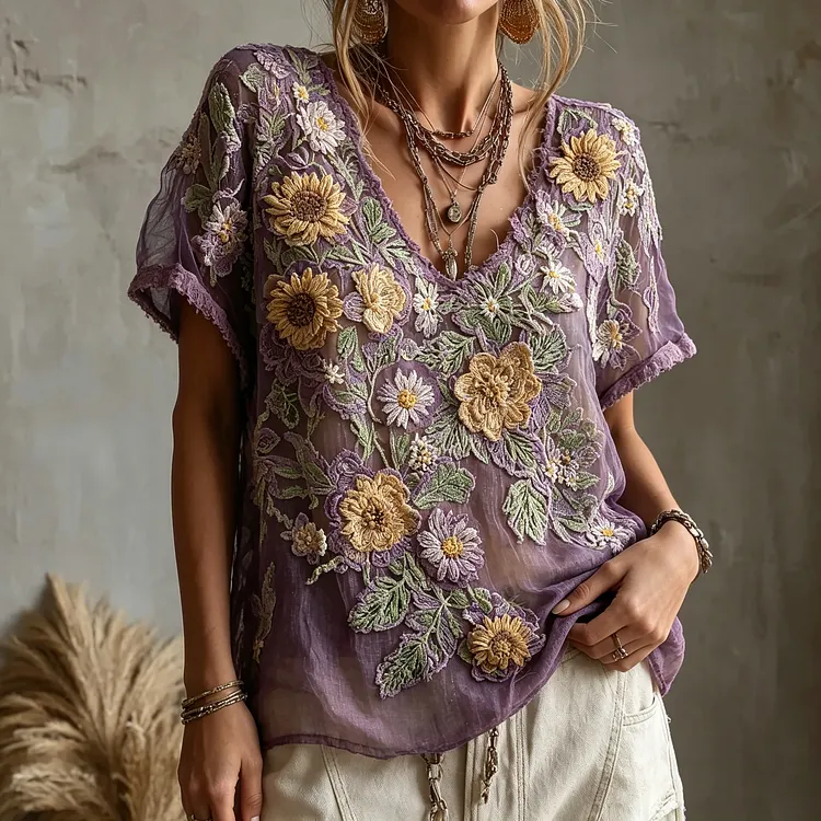 🌼 Women's Sunflower Floral Embroidered Sheer Boho Blouse