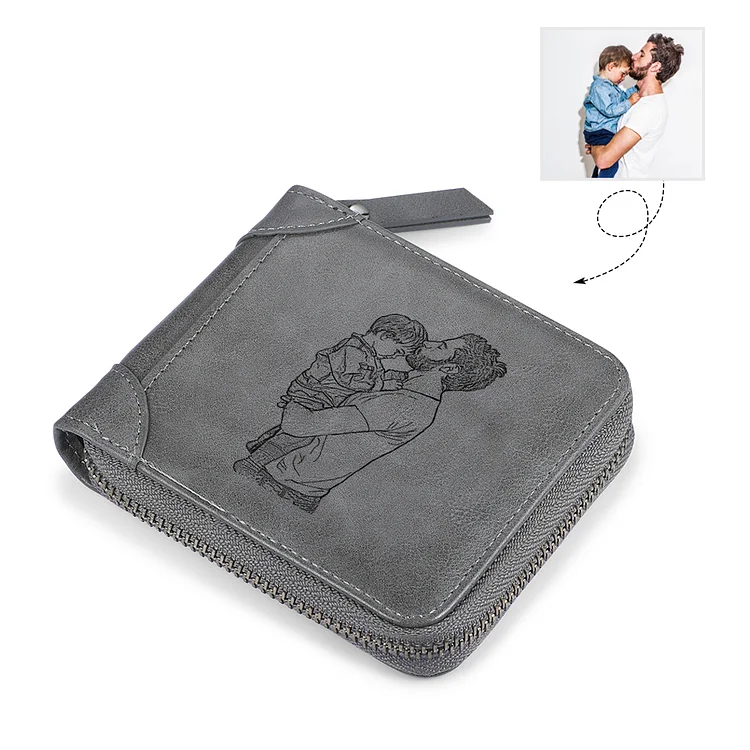 Men Women Photo Wallet Personalized With Zipper Short Style Grey Leather