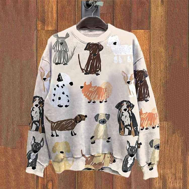 Comstylish Dog Art Print Crew Neck Casual Sweatshirt