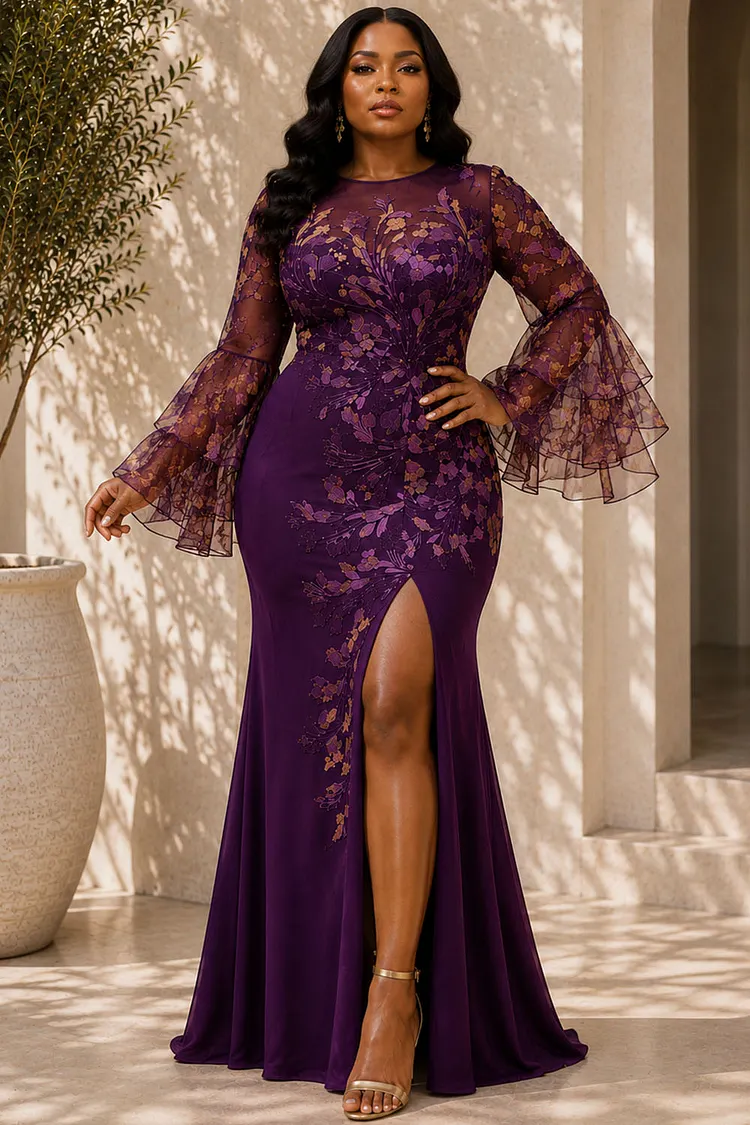 Xpluswear Design Plus Size Formal Purple Floral Round Neck Flare Long Sleeve Split See Through Tulle Maxi Dresses [Pre-Order] 2024 - Xpluswear