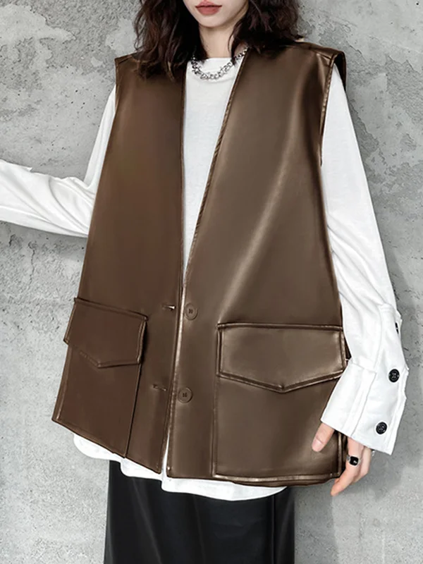 Solid Color Pockets Buttoned Sleeveless Loose V-neck Vest Outerwear