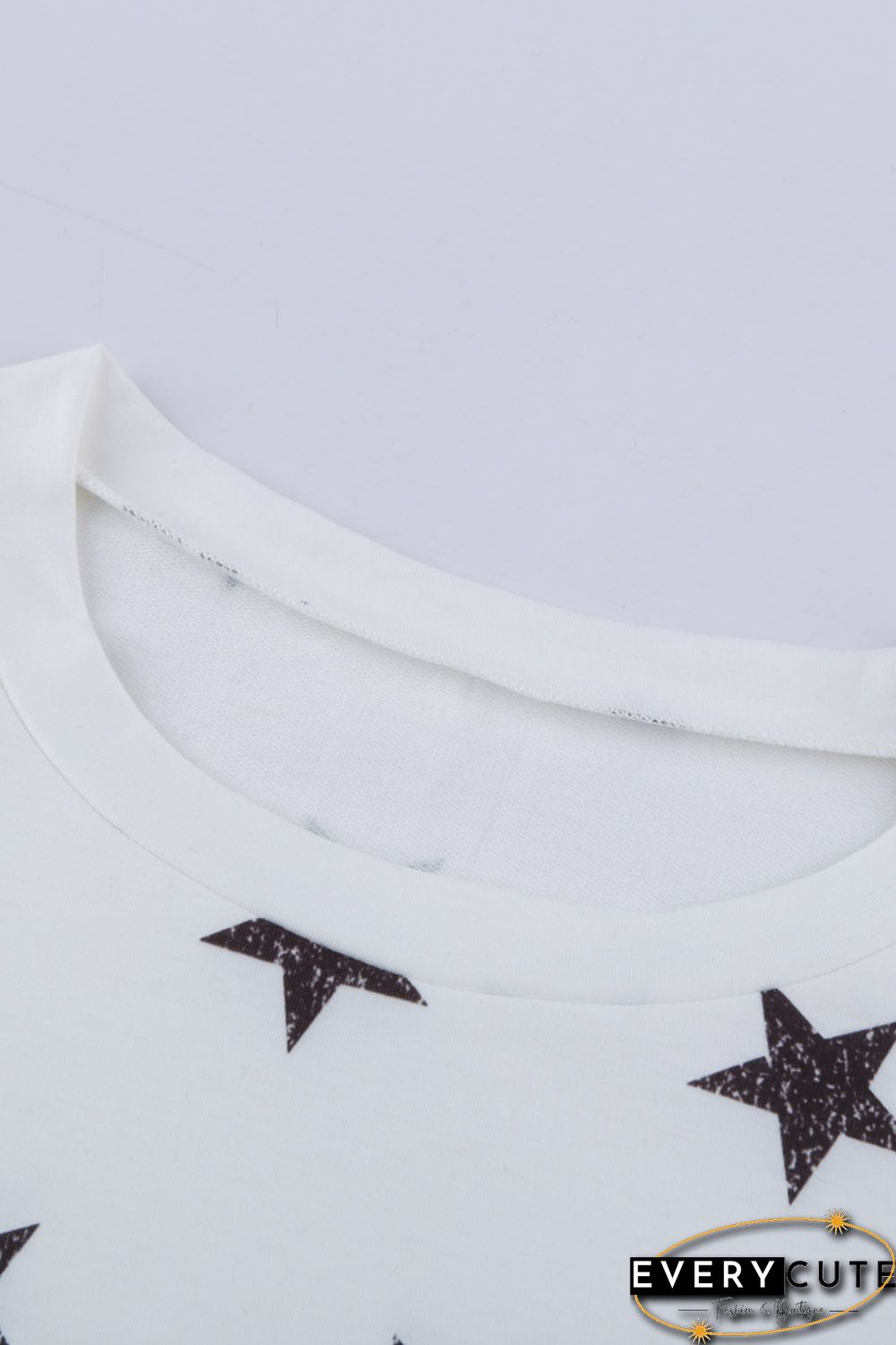 White Crew Neck Star Print Drawstring Loungewear Set with Pocket