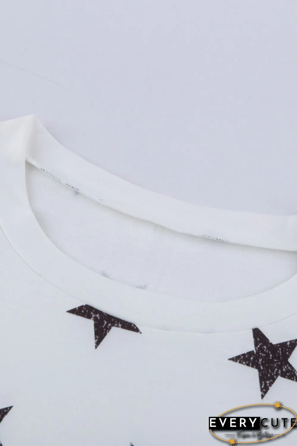 White Crew Neck Star Print Drawstring Loungewear Set with Pocket