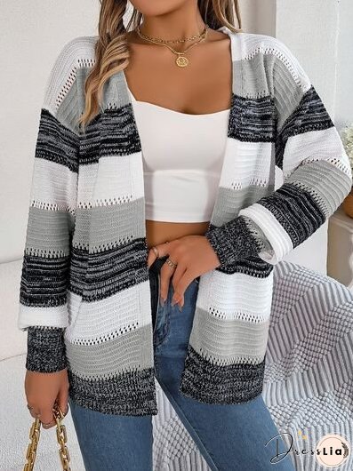 Openwork Striped Open Front Cardigan