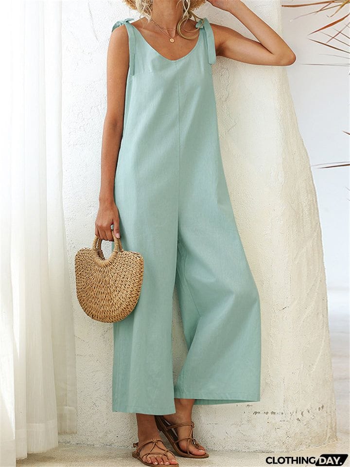 Women's Stylish Solid Color Sleeveless Loose Jumpsuit With Pocket
