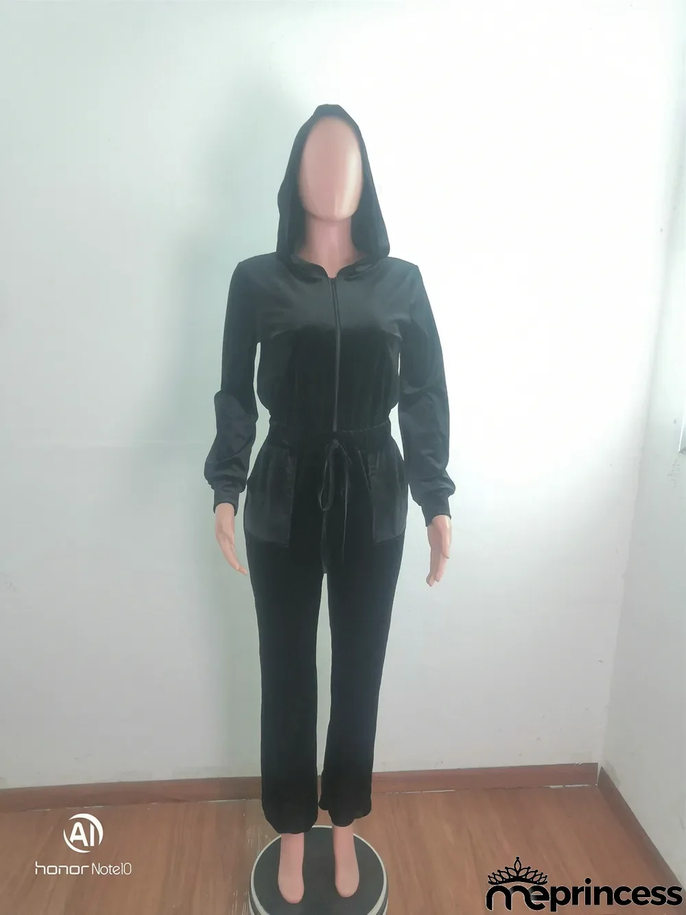 Velvet Hooded Drawstring Zipper Jumpsuit