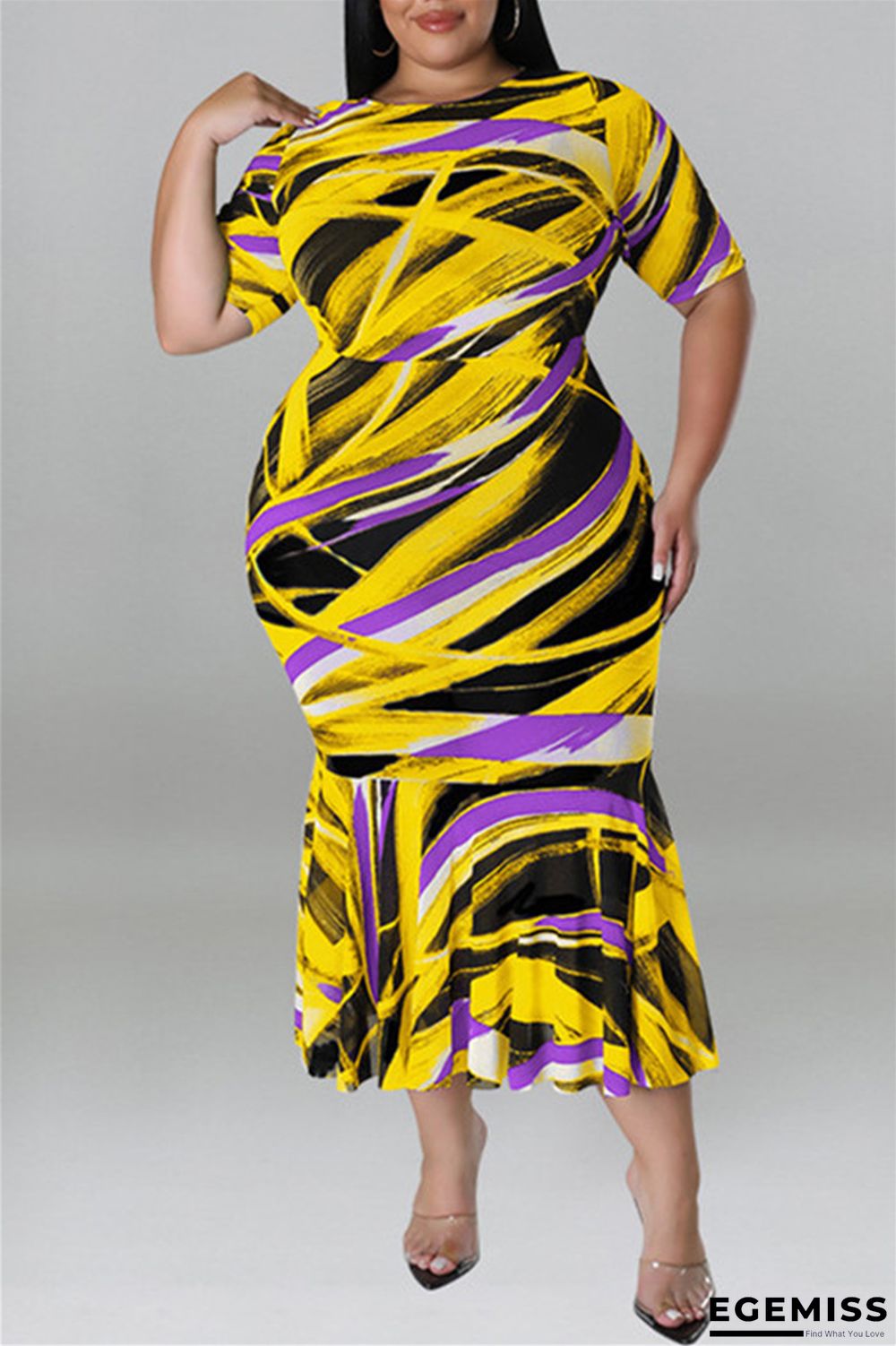 Yellow Fashion Casual Print Patchwork O Neck Short Sleeve Dress Plus Size Dresses | EGEMISS