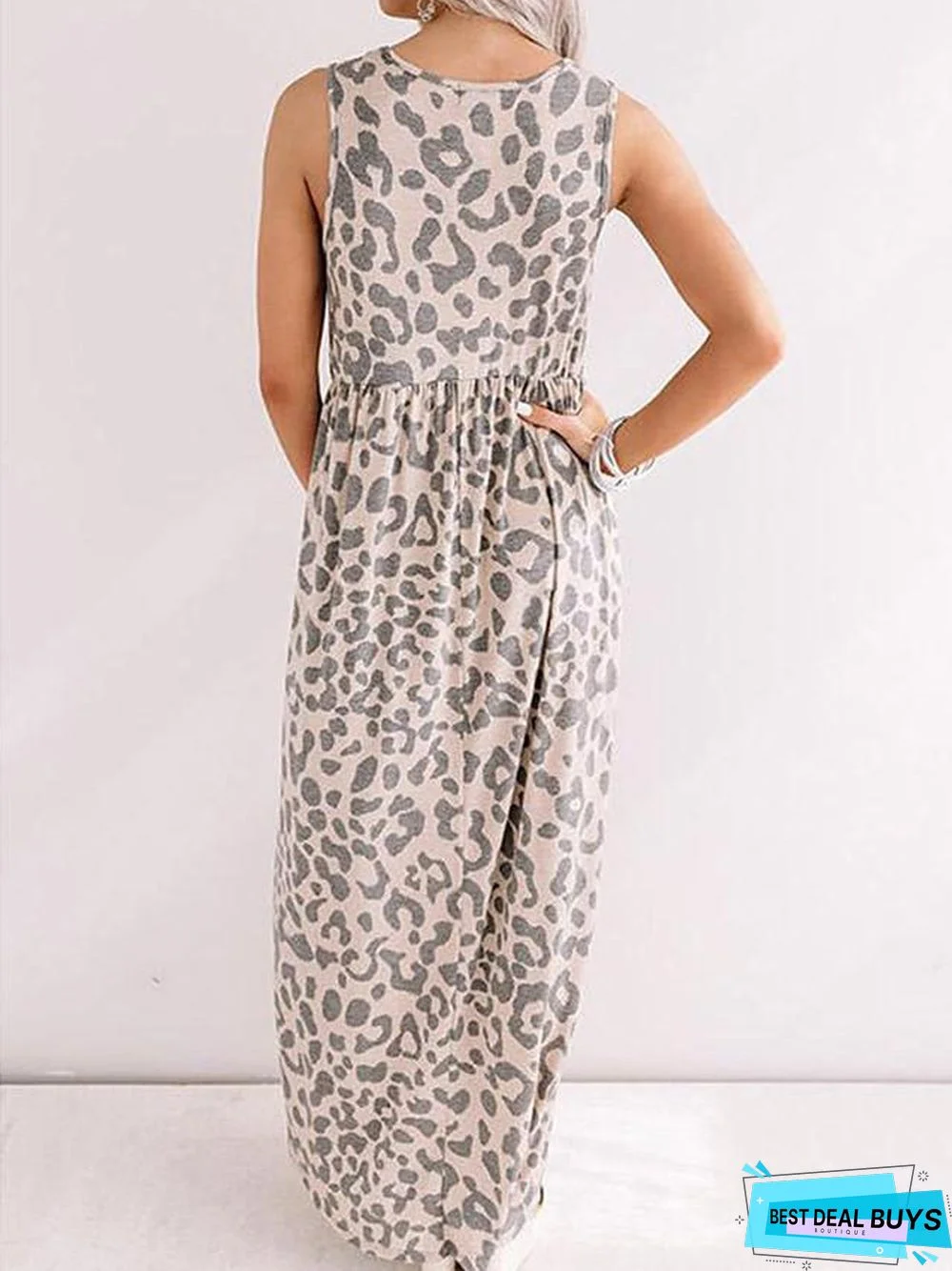 Women's Sheath Dress Maxi Long Dress Sleeveless Leopard Print Summer Hot Casual Beige