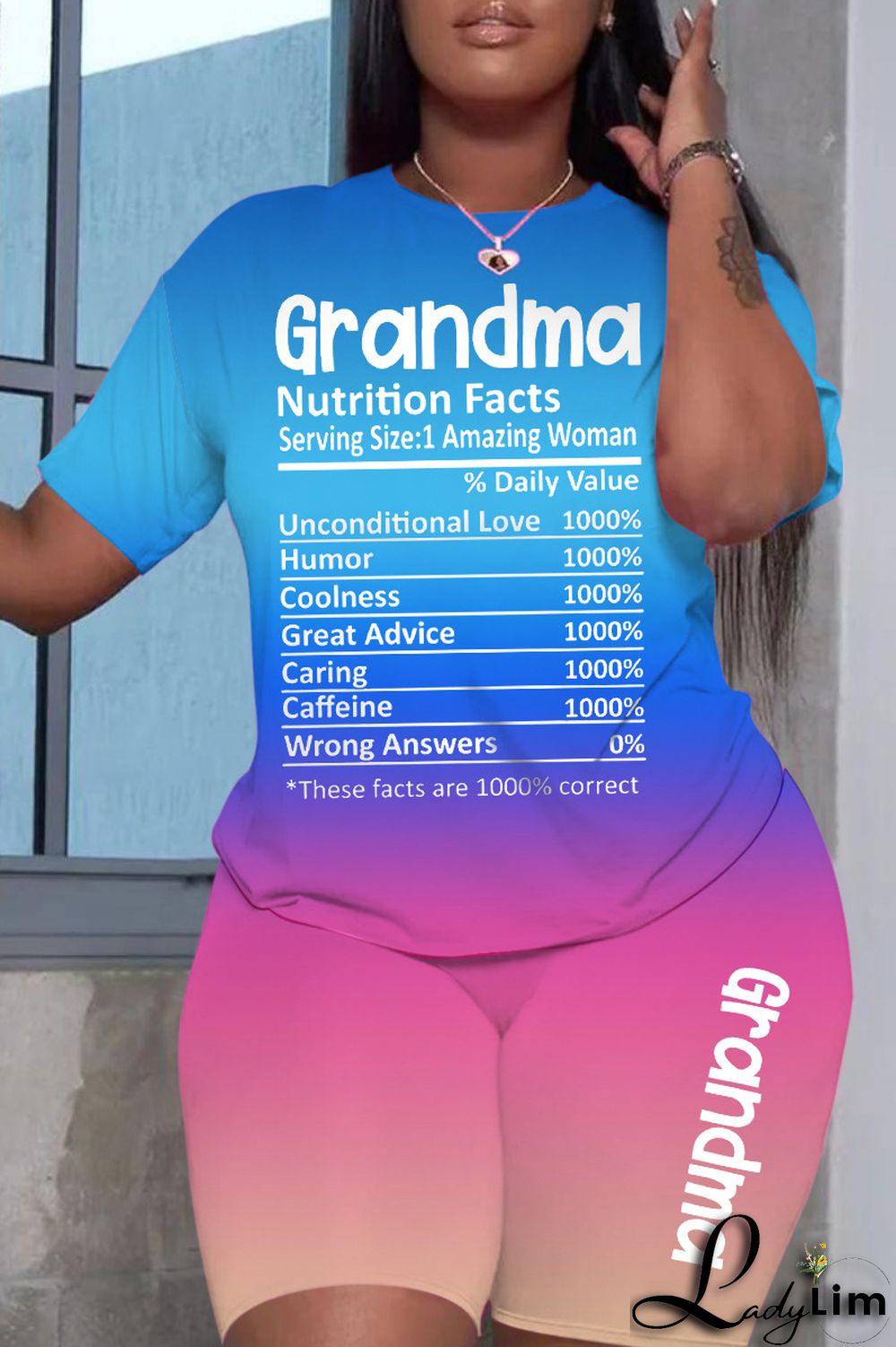 Light Blue Gradual Change Letter Print Basic O Neck Short Sleeve Two Pieces