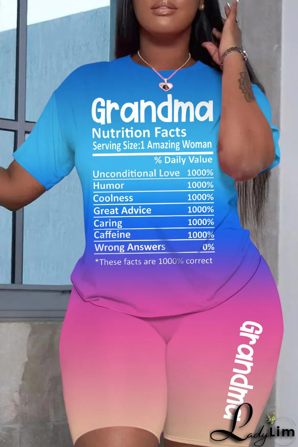 Light Blue Gradual Change Letter Print Basic O Neck Short Sleeve Two Pieces