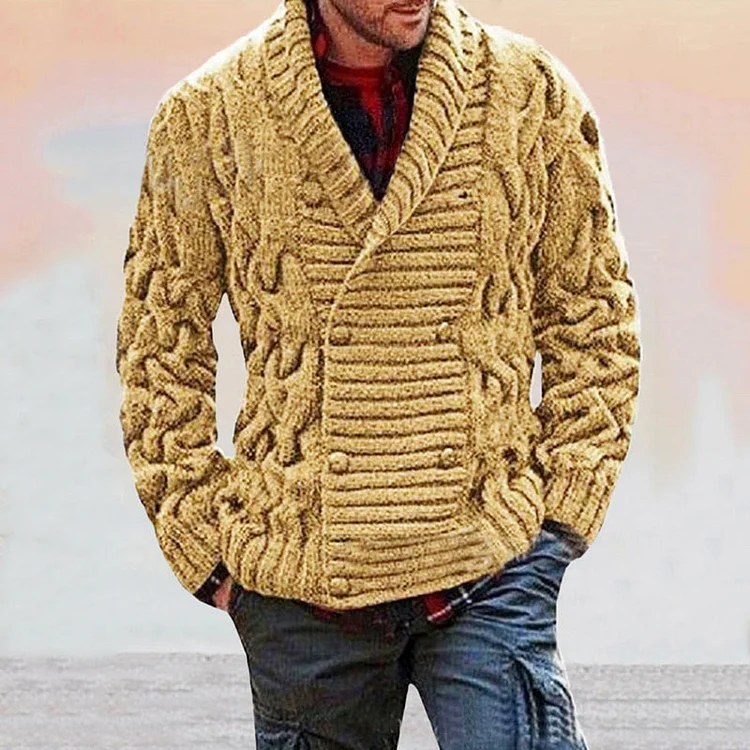 Casual Textured Twist Knit V Neck Double-Breasted Cardigan Sweater Coat