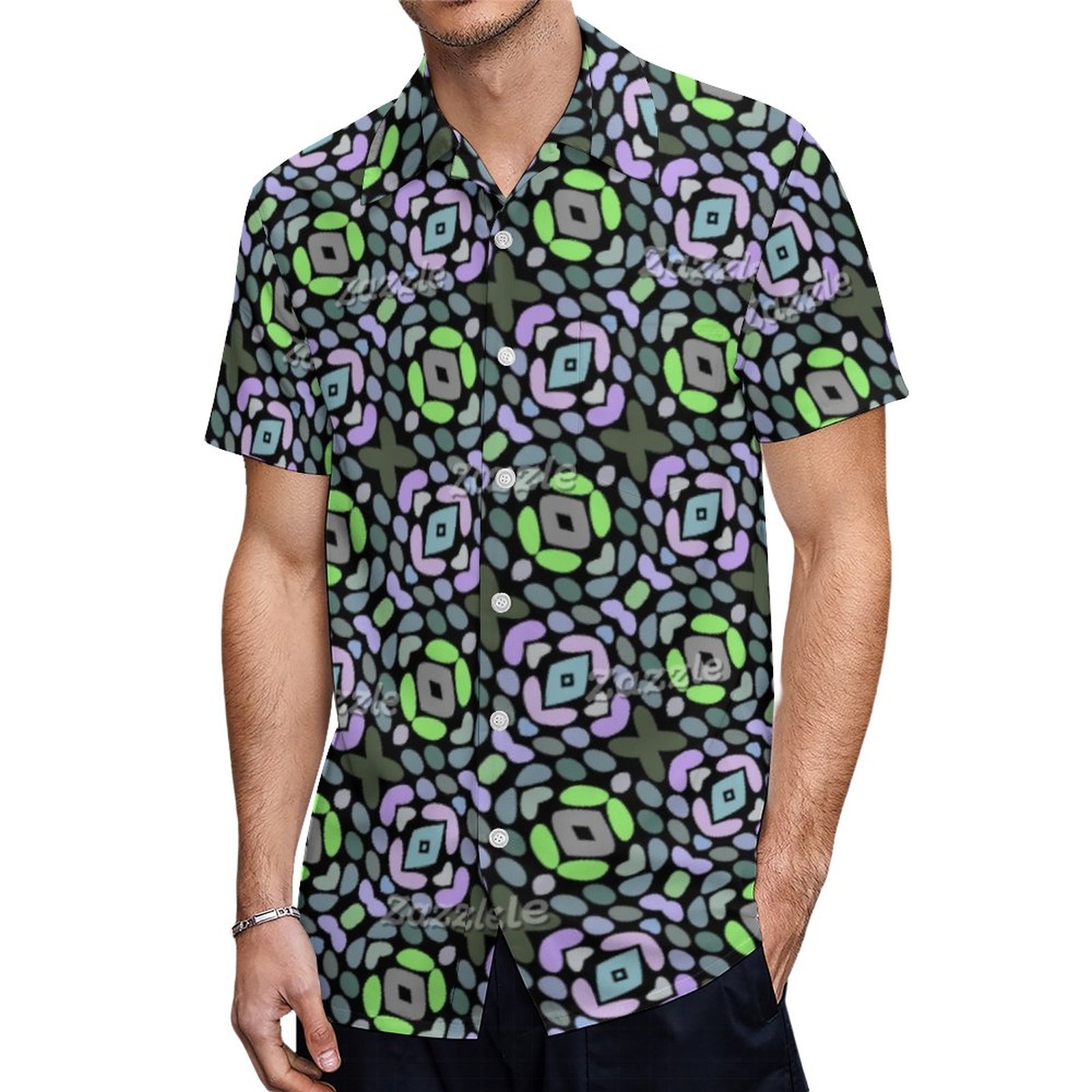 Hip Light Blue Pink Purple Lime Green Tribal Art Hawaiian Shirt Mens Button Down Tropical Hawaii Beach Shirts