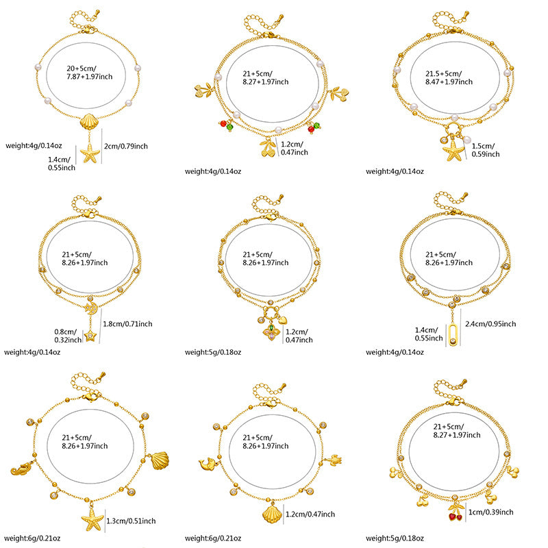 Korean Style Fashion Stacking Double Chain Diamond Cherry Starfish Flower Star Moon Pendant Stainless Steel Anklet Female