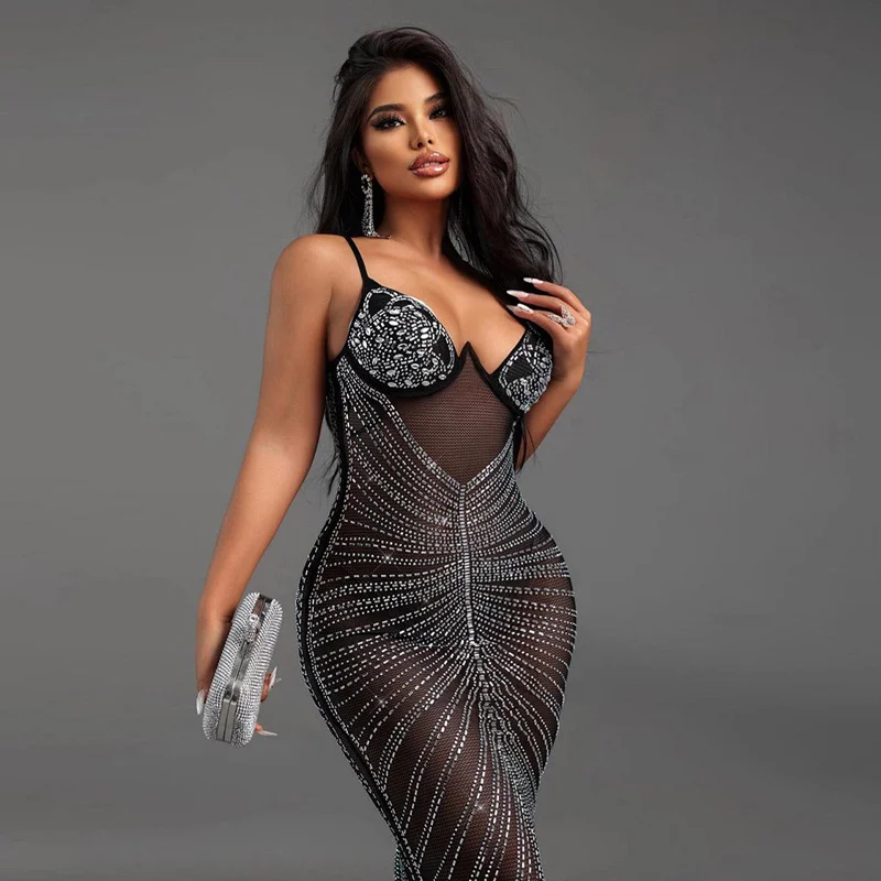 Zingj Hot Boutique Women's Sexy V-Necked Bare Back Sling Dress Shiny Heavy Industry Hot Diamond Dress