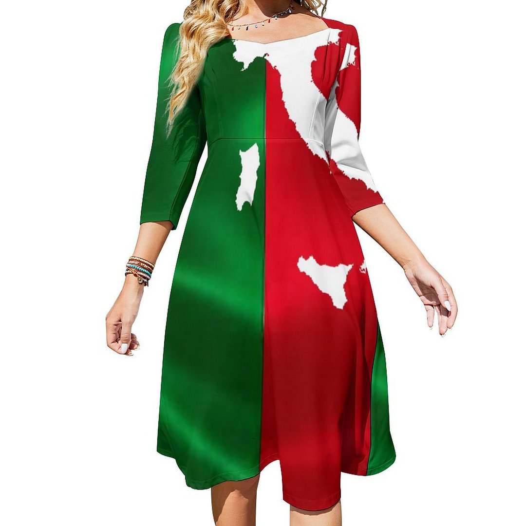 Italy Italia Map Red Green White Flag Pattern Dress Sweetheart Tie Back Flared 3/4 Sleeve Midi Dresses