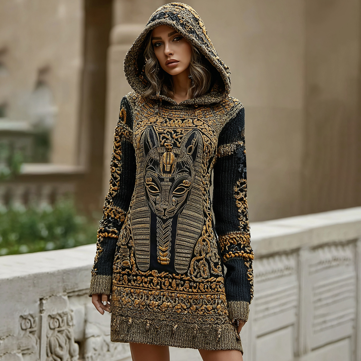 Women's Vintage Ancient Egyptian Cat Art Cozy Hooded Mini Sweater Dress elevenforest