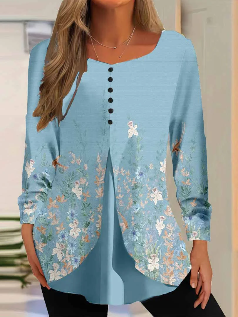 Women Floral,Blue DZGG8322 Long Sleeve Scoop Neck Printed Graphic Button Fake 2in1 Tops