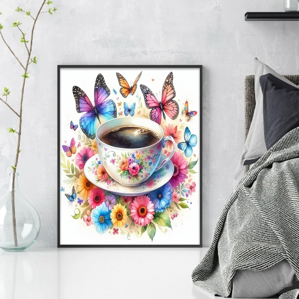 11CT Full Stamped Cross Stitch - Flower Butterfly Coffee(Canvas|40*50CM)