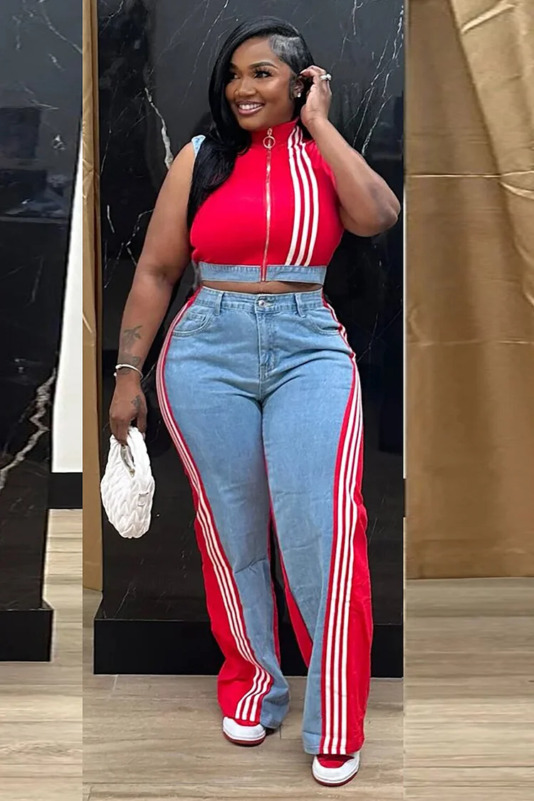 Striped Print Sleeveless Crop Top Denim Patchwork Pants 2pcs Set-White