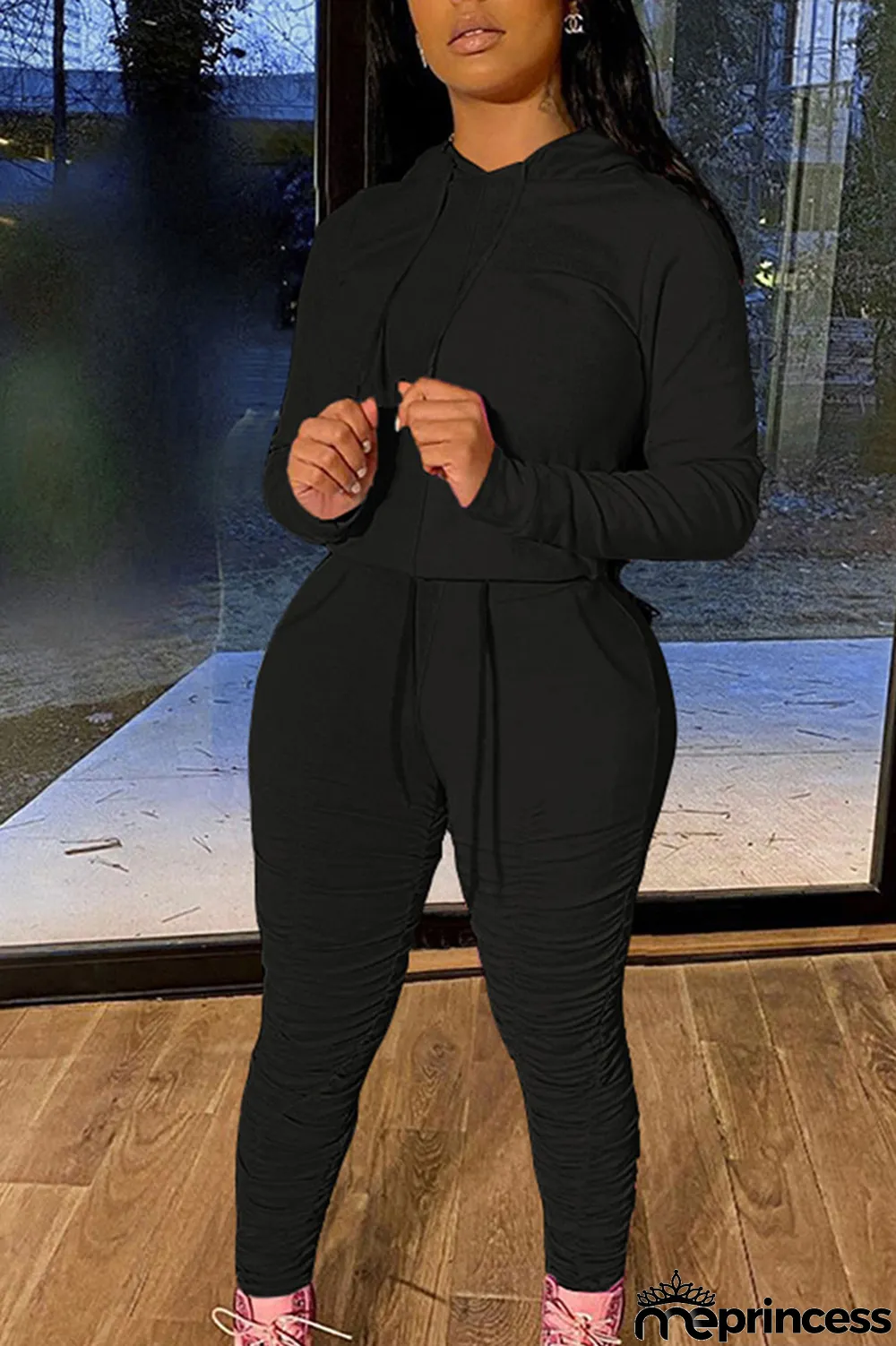 Green Fashion Solid Fold Hooded Collar Long Sleeve Two Pieces