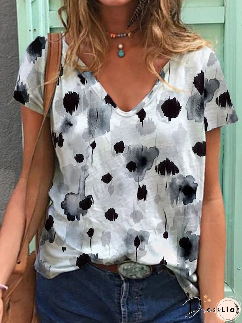 Short Sleeve V-neck Printed Loose T-shirt for Women
