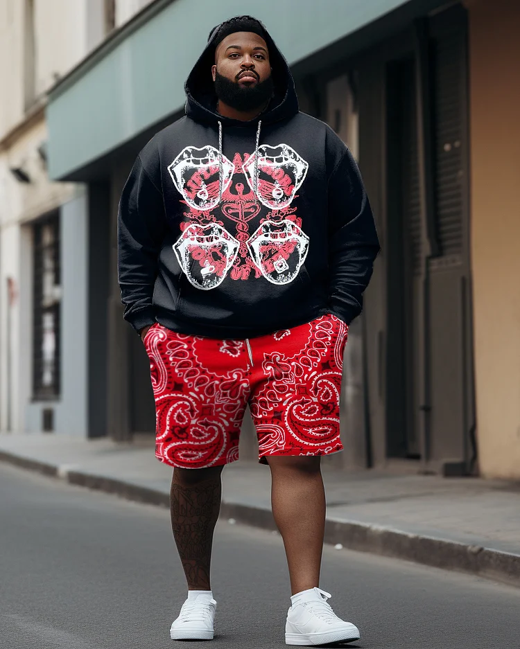 Men's Plus Size Lip Sweatshirt Lipps Pattern Shorts Hip Hop Two Piece Suit