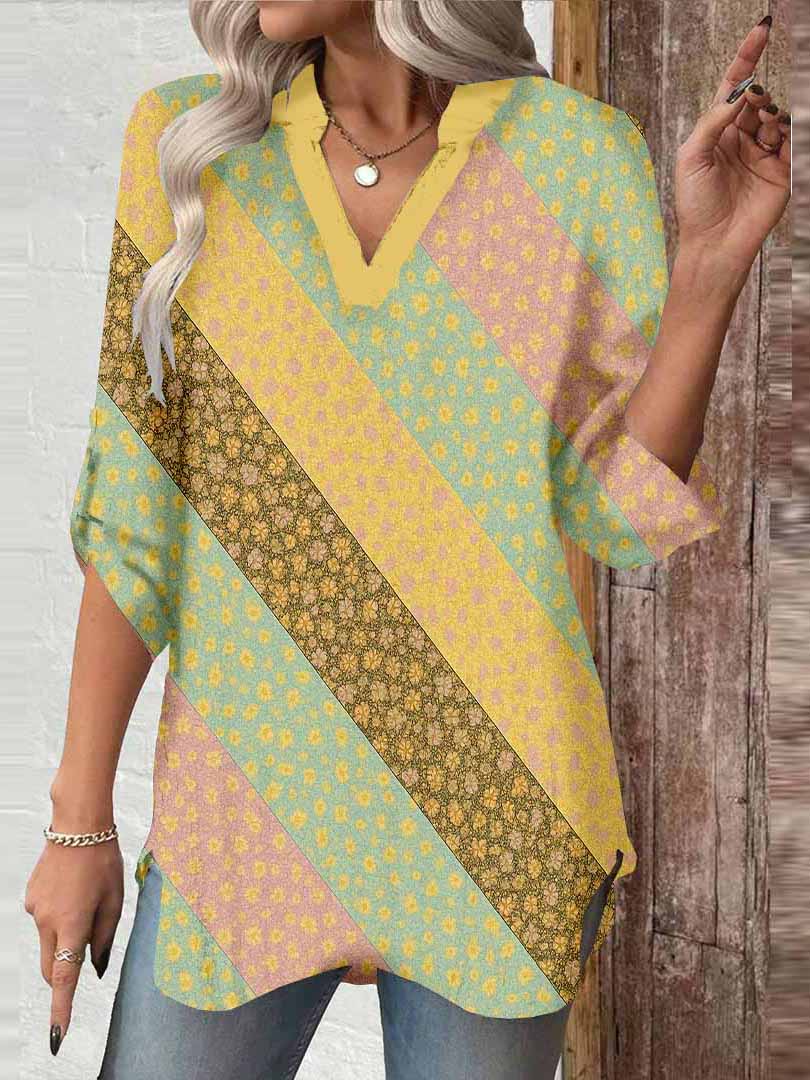 Women Floral,Pink,Green DZGA0304 3/4 Sleeve V-neck Printed Graphic Button Tops