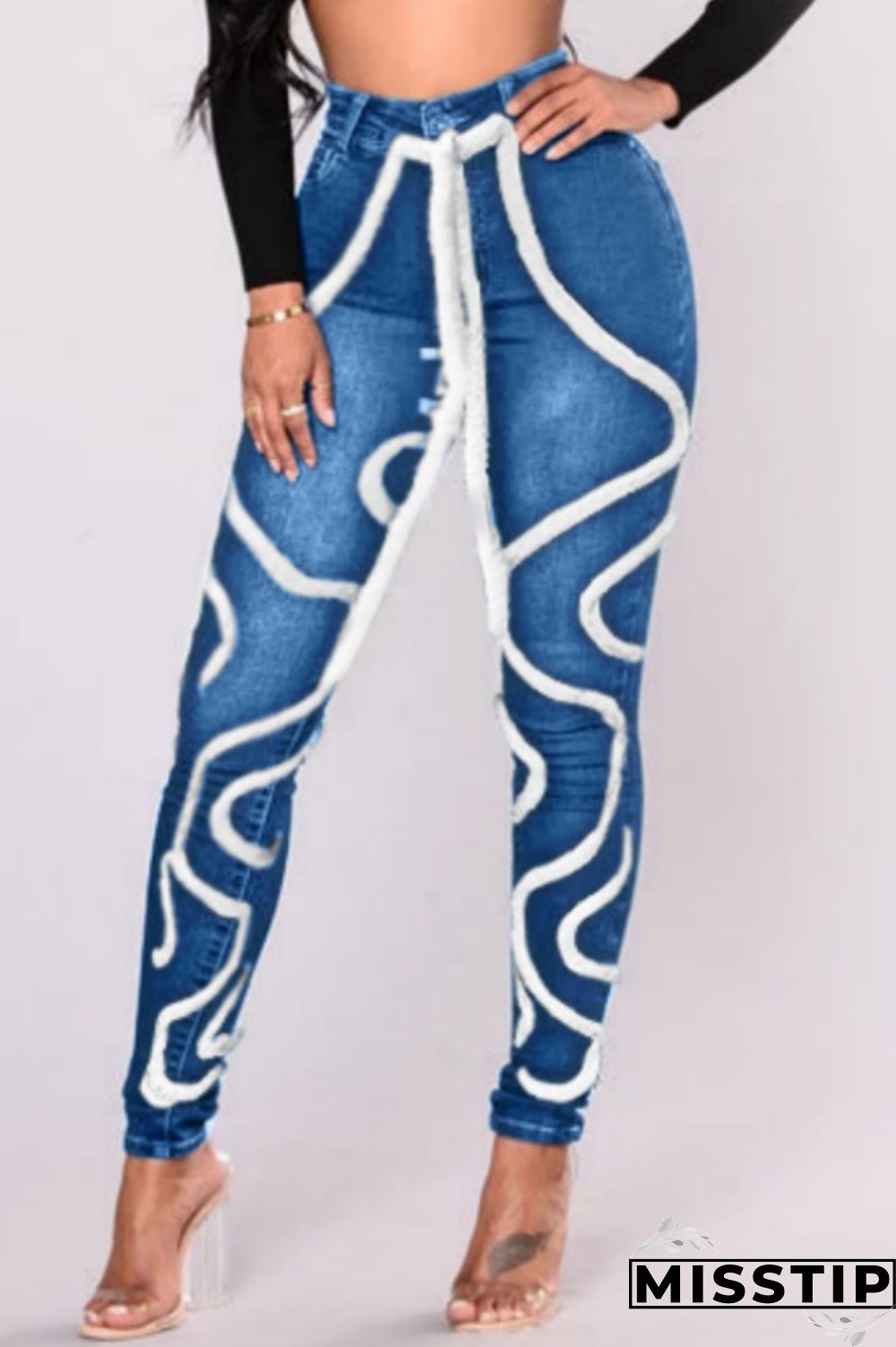 Light Blue Casual Solid Patchwork Mid Waist Regular Denim Jeans