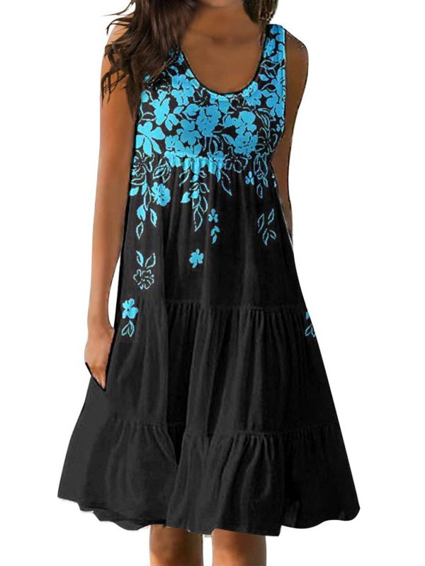 Women's Casual U-neck Sleeveless Printed Loose Patchwork Dress