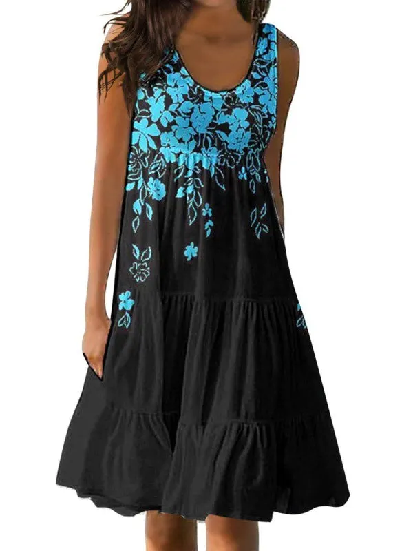 Women's Casual U-neck Sleeveless Printed Loose Patchwork Dress