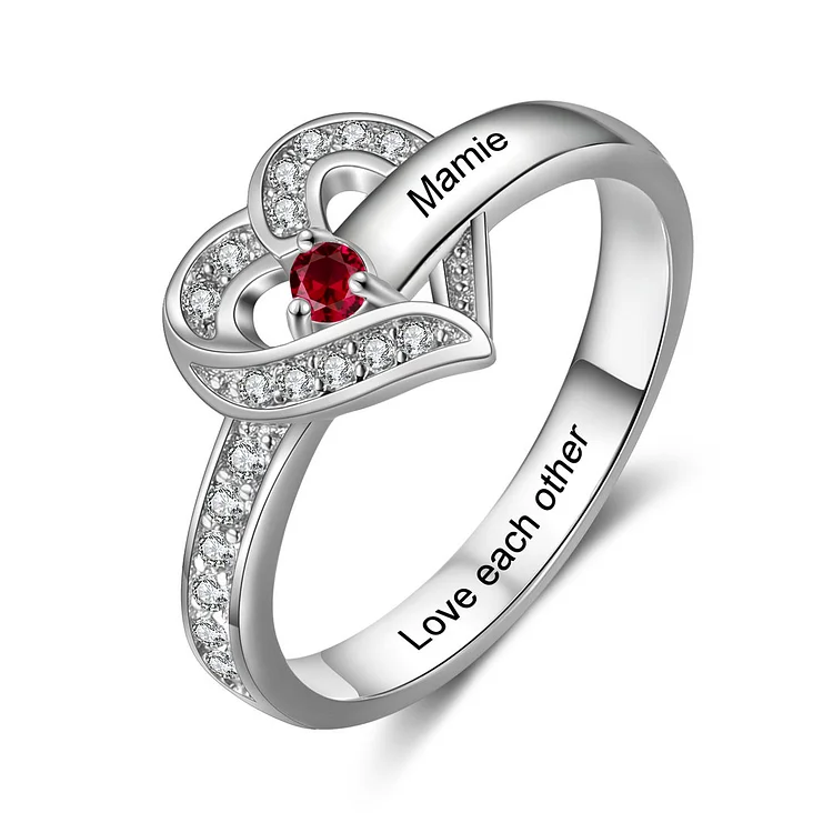 1 Name-Personalized S925 Sterling Silver Heart Ring With 1 Birthstone Engraved Names Ring Gift For Women