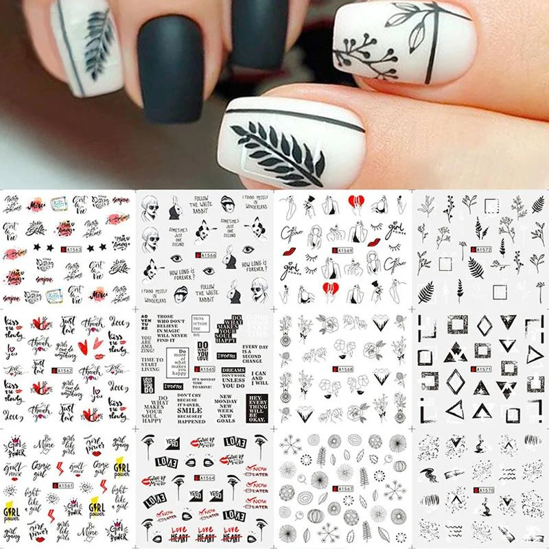 12 Designs Nail Stickers Set Mixed Floral Geometric Nail Art Water Transfer Decals Sliders Flower Leaves Manicures Decoration-Nail Inspo