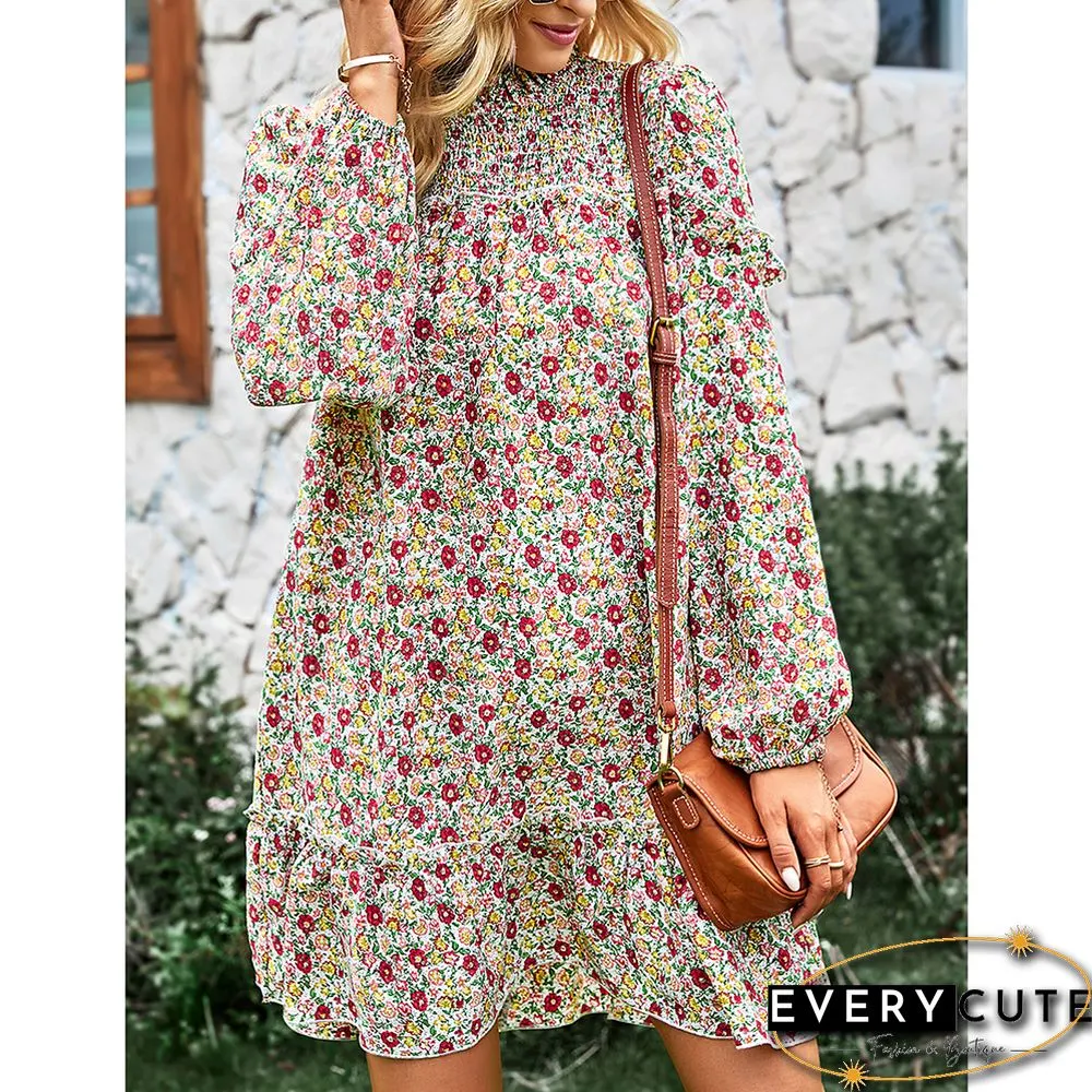 Muliticolor Floral Print Smocked Long Sleeve Dress