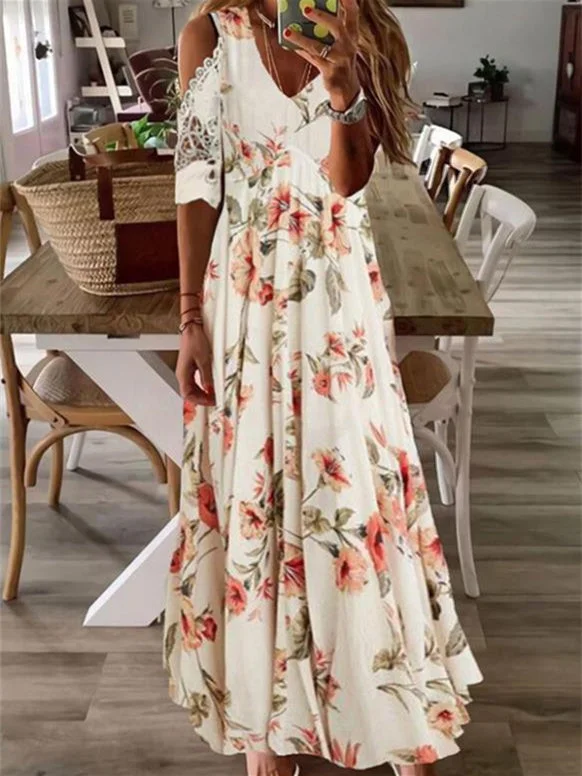 Women's V-neck Short-sleeve Off-the-shoulder Floral Print Dress