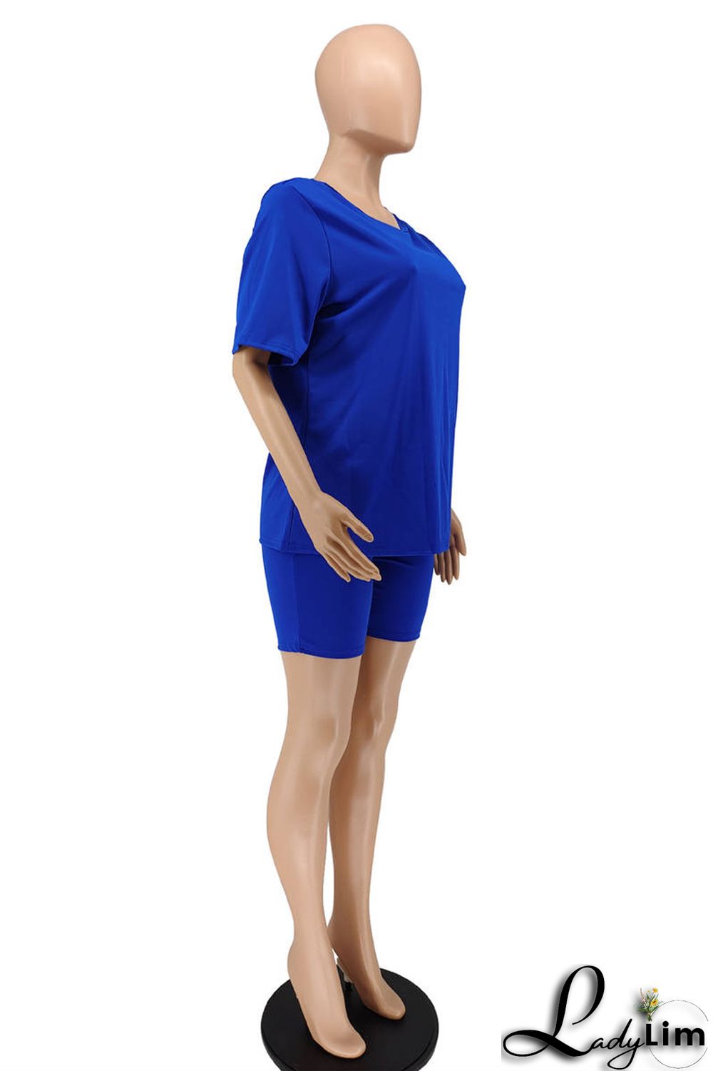 Blue Fashion Casual Solid Basic O Neck Short Sleeve Two Pieces
