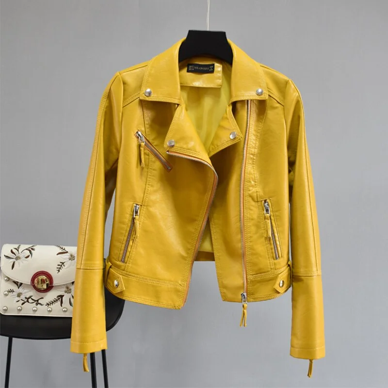 FTLZZ Women Autumn Pu Faux Soft Leather Motorcycle Zipper Jacket Coat Female Turndown Collar Slim Biker Coats Basic Streetwear