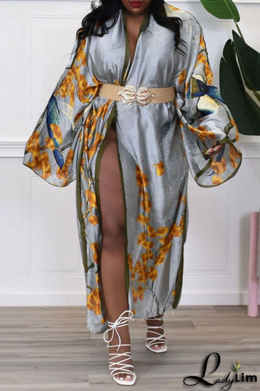 Yellow Fashion Casual Print Patchwork Outerwear(Without Belt)