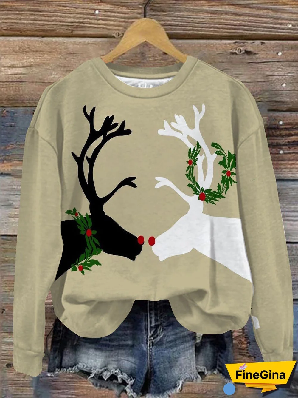Women's Christmas Deer Print Round Neck Long Sleeve Top