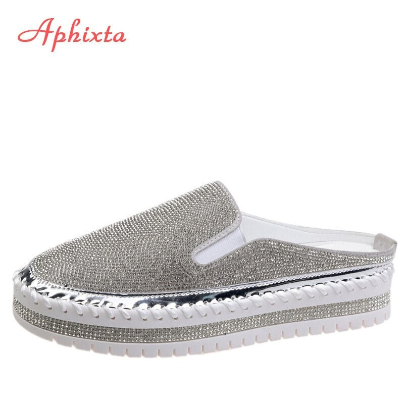 Aphixta Summer Crystals Flat Heels Slipper Women Bling Rubber Bottom Women Shoes Outside Fashion Yellow Checkered Slides