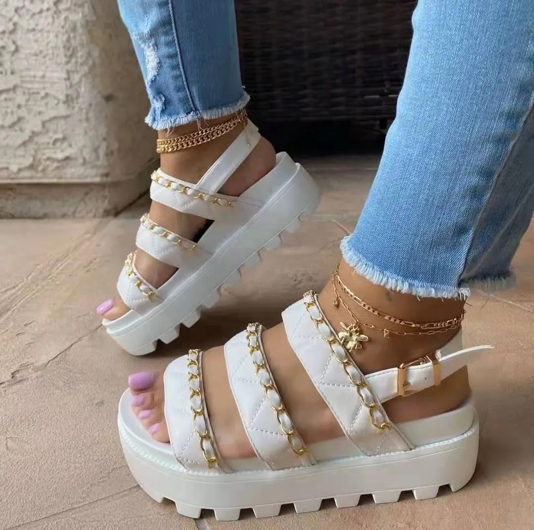 Luxury Trendy Women Sandals Thick Platform Wedges Sandals Heel Pu Leather Metal  Height Increasing Beach Casual  Sandalias Mujer