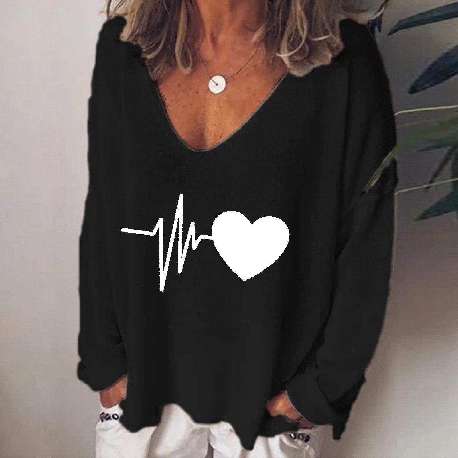 Heart Print T-Shirts Women Harajuku V-Neck Plus Size Loose Long Sleeve T-shirt Top Spring  Fall Casual Elegant