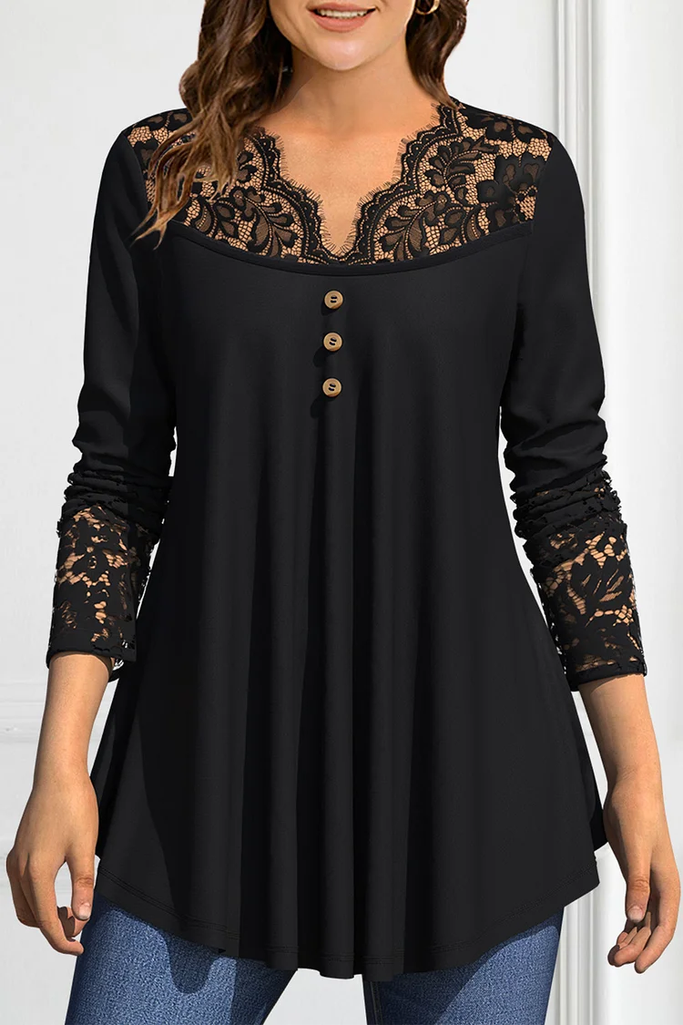 Flycurvy Plus Size Casual Black Lace Stitching Decorative Button Fold Tunic Blouse