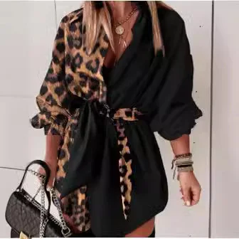 Wongn Wongn Women's Wear Commuter Print Color Stitching Leopard Print Lace Middle Sleeve Shirt Skirt