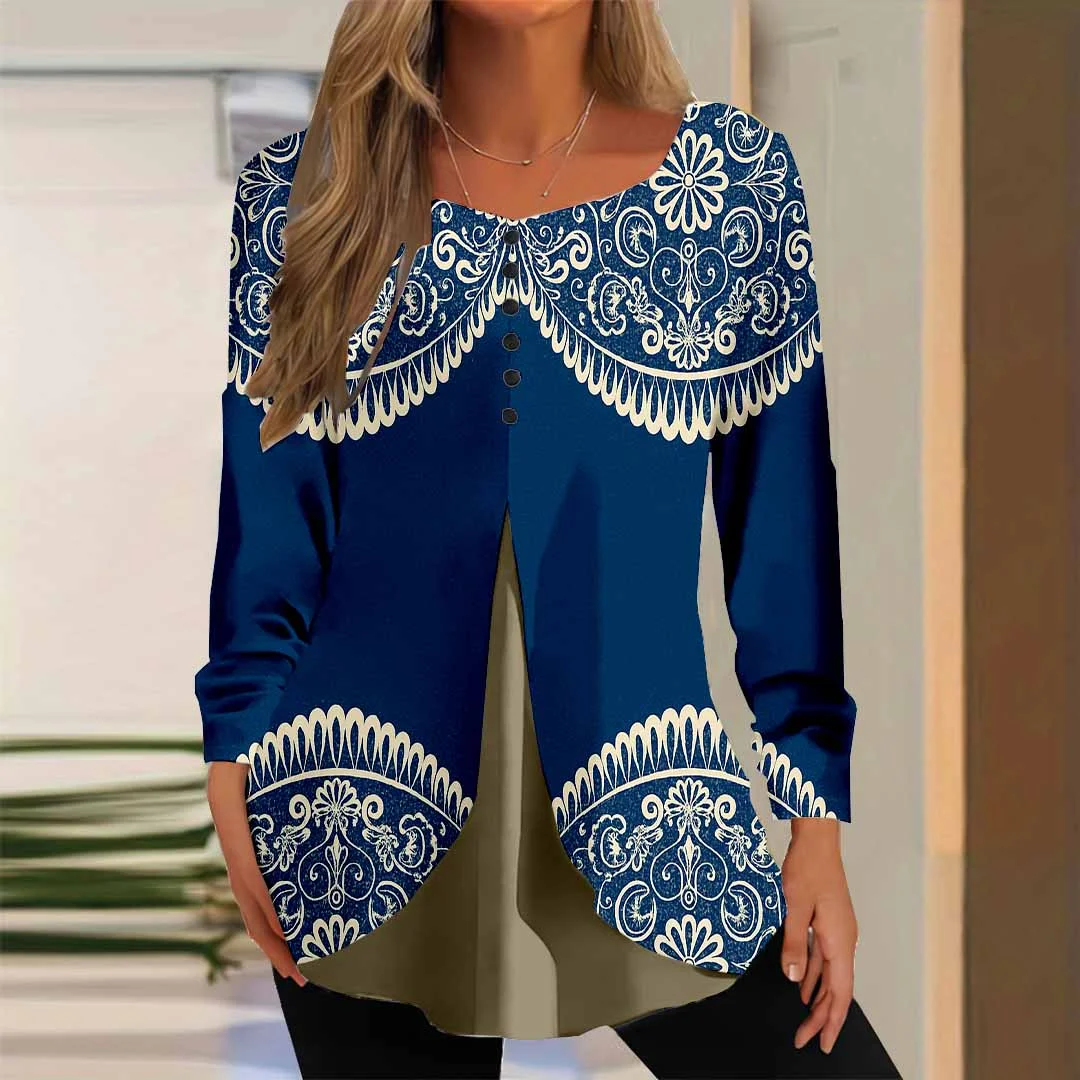 Women Graphic,Blue DZGG8292 Long Sleeve Scoop Neck Printed Graphic Button Fake 2in1 Tops