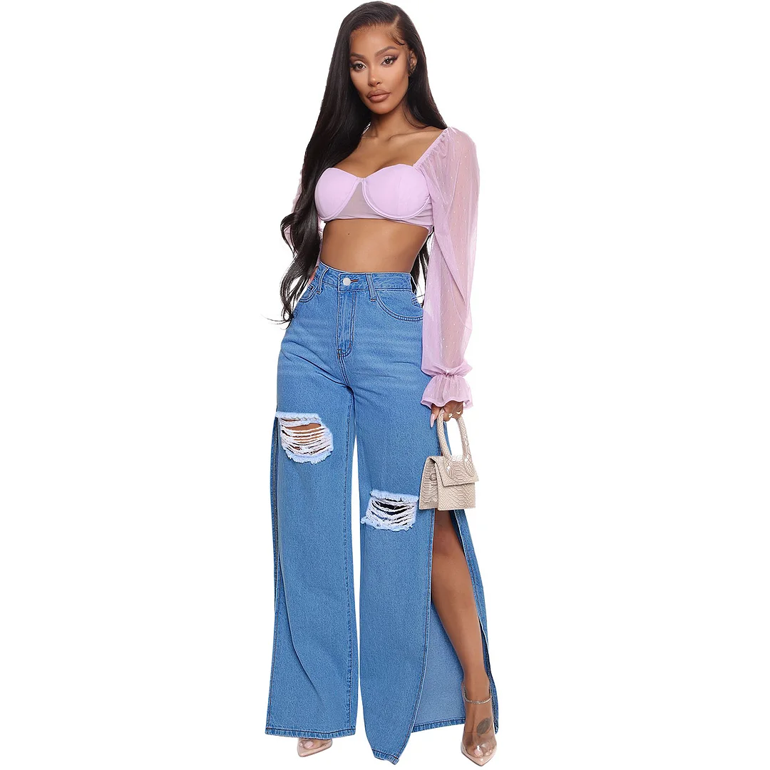 Women's Streetwear Fashion Ripped Denim Jean Split Wide Leg Jeans