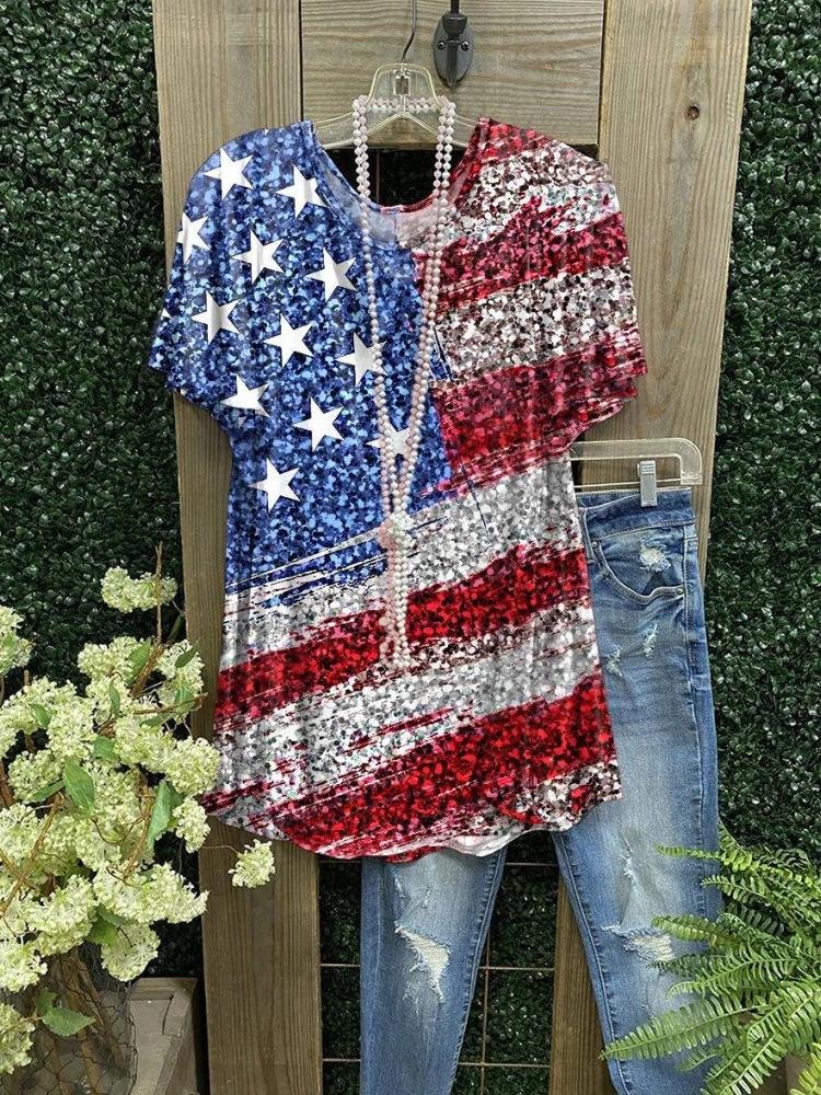Crew Neck Sequin Flag Print Casual Short Sleeve T-Shirt