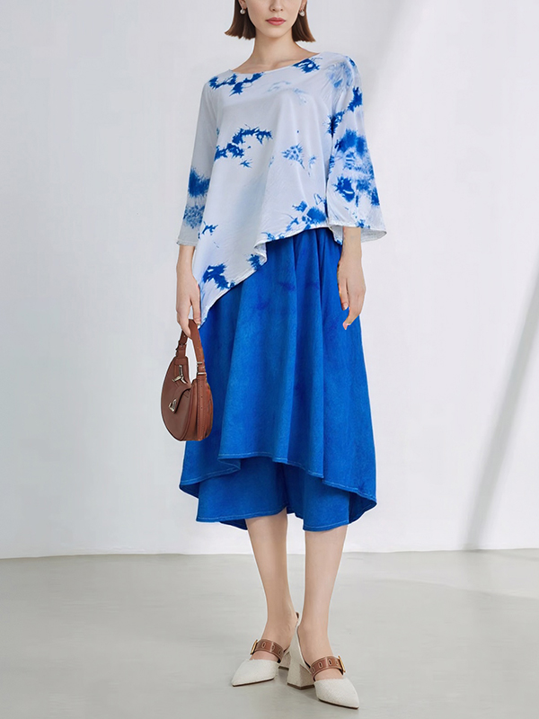 Hand-tie-dyed Loose Long Sleeve Patchwork Pleated Midi Dress