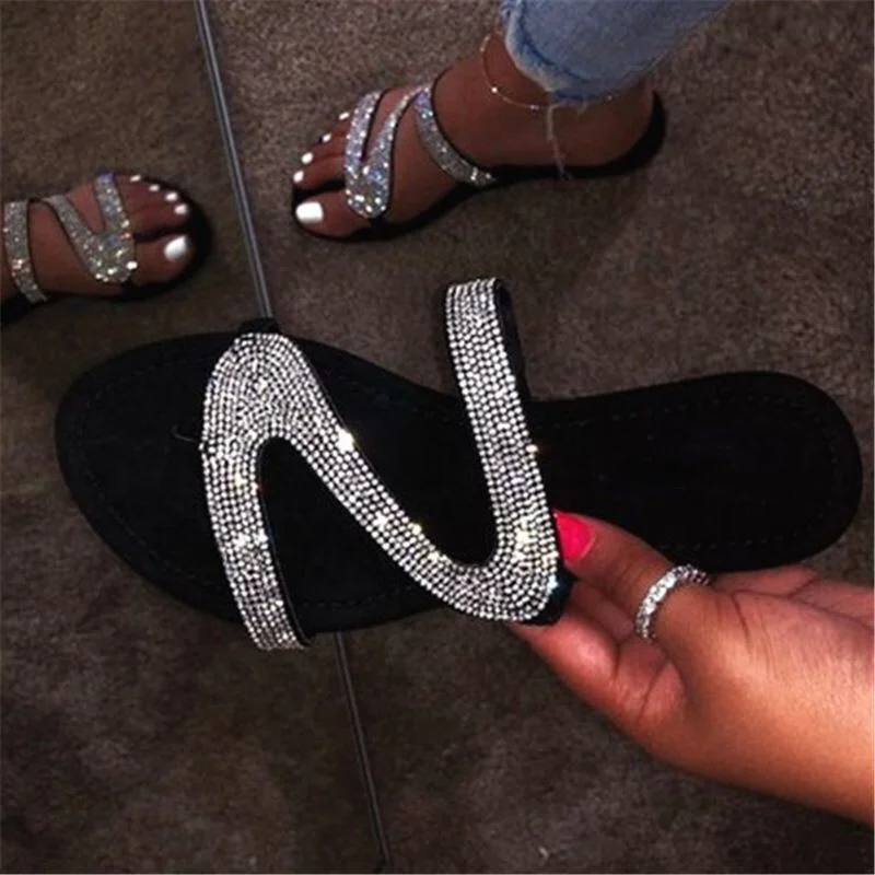 Diamond Flat-soled Ladies Shoes Women Slippers