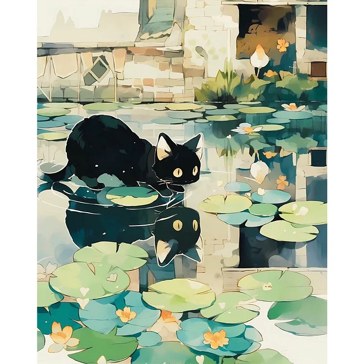 【Huacan Brand】Black Cat On Lotus Leaf 11CT Stamped Cross Stitch 40*50CM